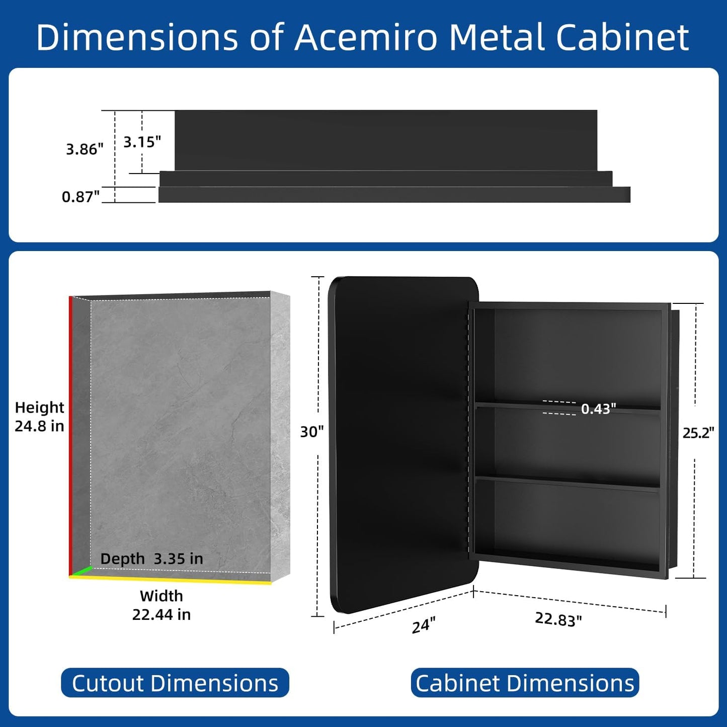 24x30 Inch Bathroom Medicine Cabinet with Mirror Black Metal Framed Farmhouse Recessed or Surface Wall Mounted Black Medicine Cabinets for Bathroom
