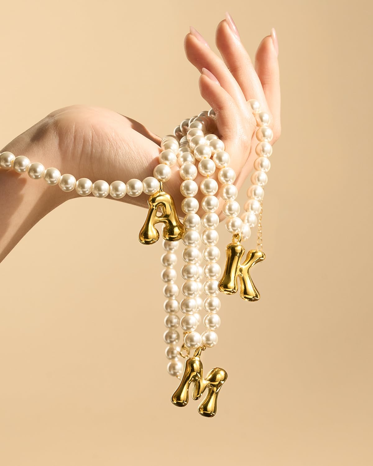 DoDoBeads Pearl Initial Necklace, 18K Gold Plated Stainless Steel Balloon Letter Pendant V, Non-Tarnish Waterproof Chunky Monogram Jewelry Gifts for Women Teens