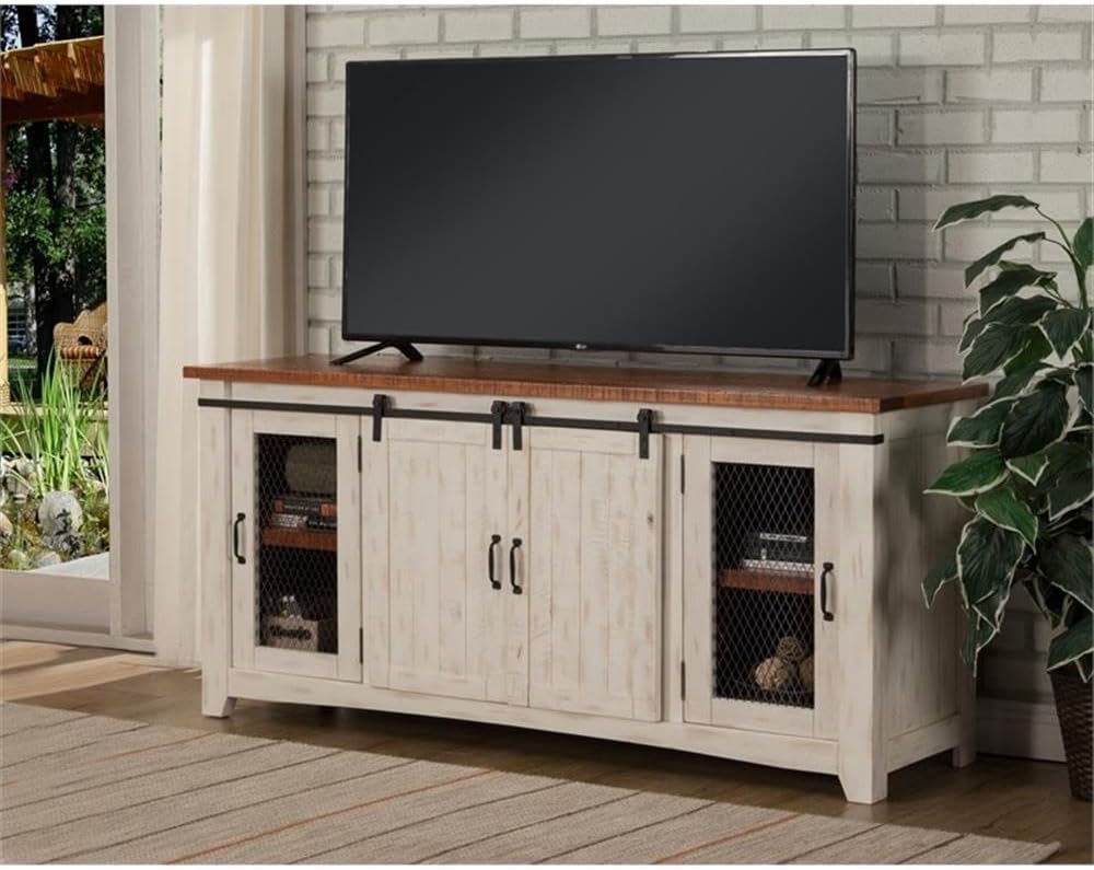 Martin Svensson Home Rustic 65” Solid Wood TV Stand with Storage, White and Aged Distressed Pine
