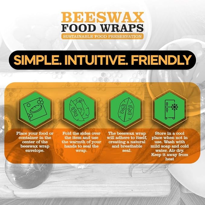 Pure & Sustainable Company® Beeswax Wraps – 3 Pack Reusable Food Storage (8x8, 11x11, 14x14) – Eco Friendly Plastic Wrap Alternative – Washable, Zero Waste – Bee Pattern