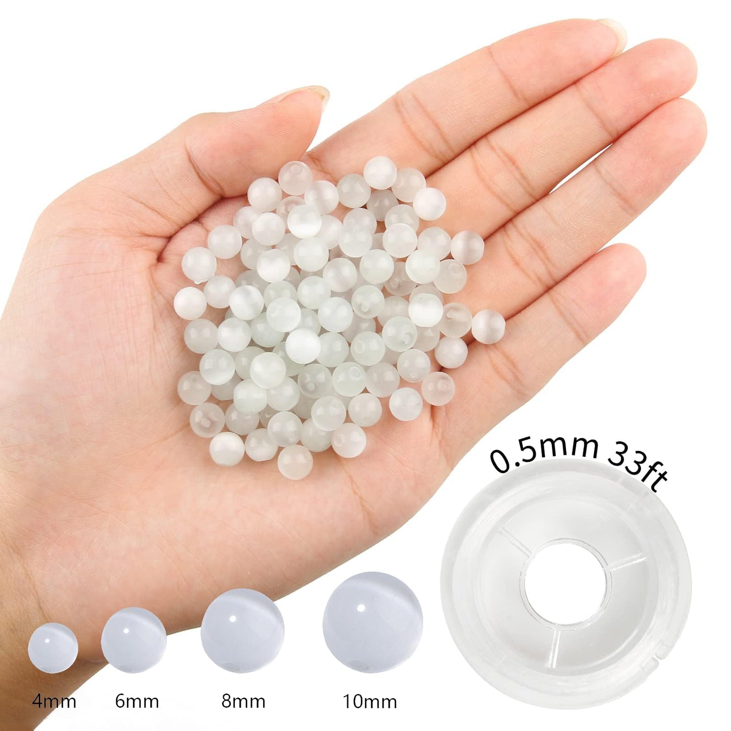 NITOPUPU 100Pcs 10mm Natural Smooth White Cat Eye Beads Round Loose Gemstone Stone Beads for Jewerly Making with Crystal Stretch Cord