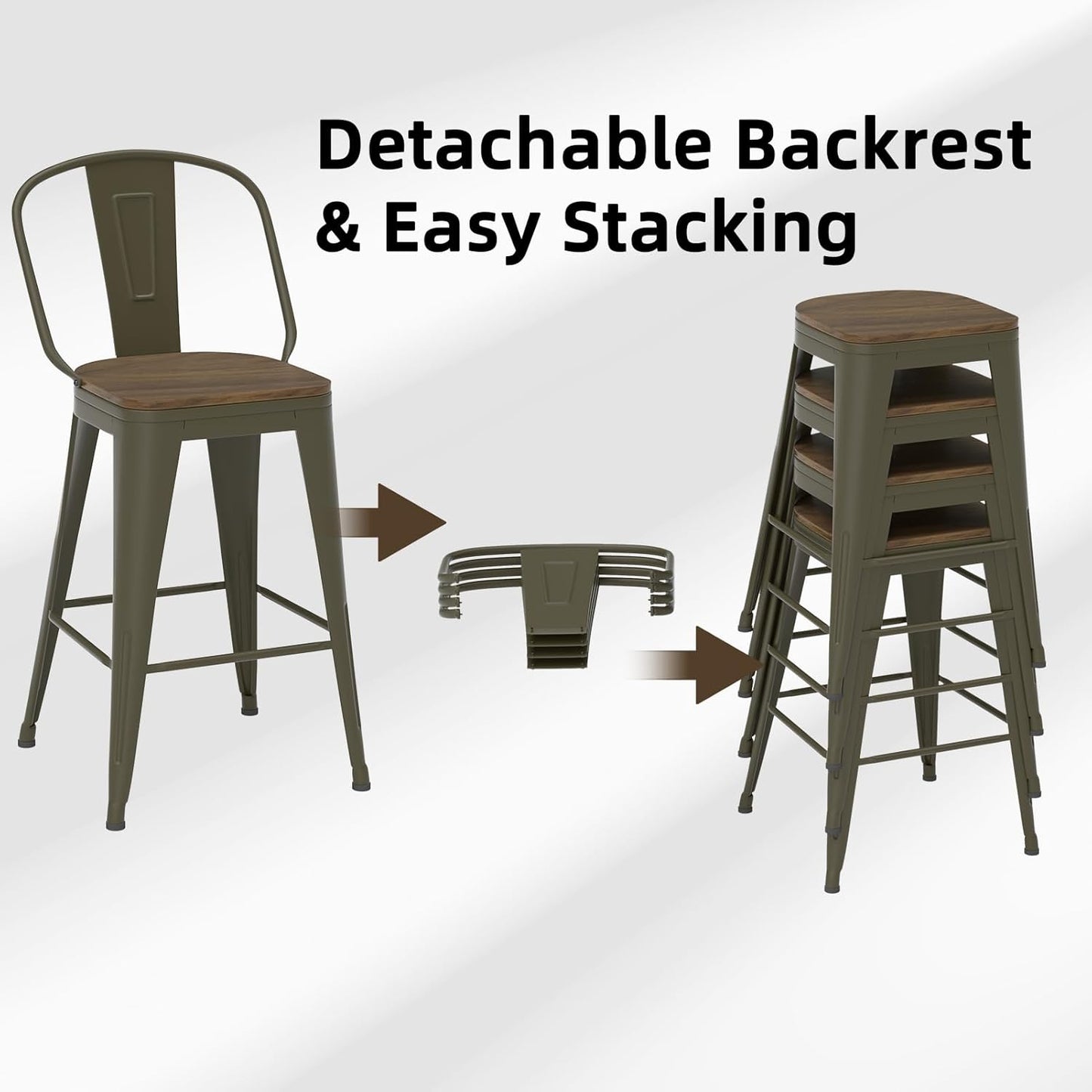 26” Swivel Bar Stools Set of 4, Counter Height Bar Stools Wooden Seat, Metal Industrial Bar Chairs with High Back for Kitchen Island (Rusty)