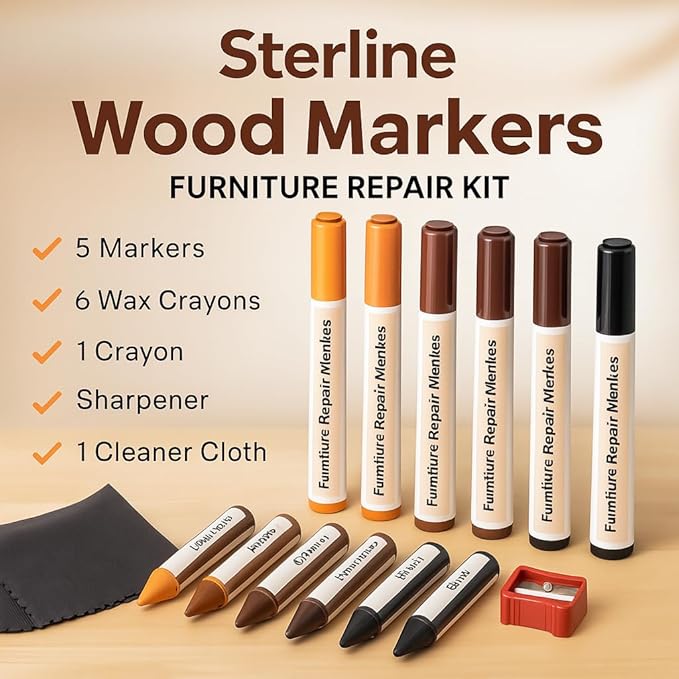 Wood Scratch Repair Kit Markers - 13 Piece Set – Furniture Touch Up Markers and Wax Sticks with Sharpener – for Wood Floor, Table, Cabinet, and Furniture Repair – 6 Colors