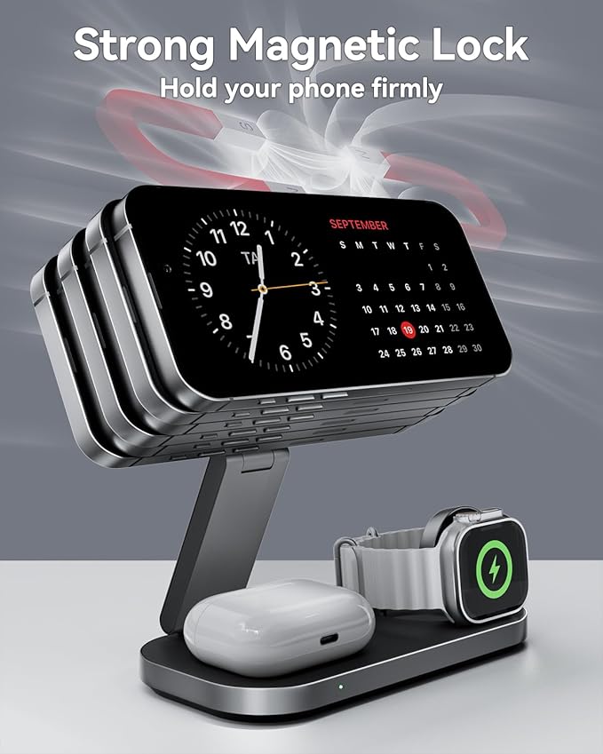3 in 1 Wireless Charging Station for Apple Devices, Magnetic Foldable Fast Charger Stand Compatible with MagSafe for iPhone Air/17/16/15/14/13/12 Series, Apple Watch & AirPods Pro/4/3/2