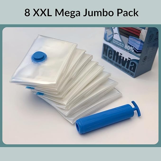8 Mega Jumbo XXL Vacuum Storage Bags with Pump, Supersized Compression Space Saver for Comforter, duvet, Bedding, Blanket storage, Vacuum Seal Bags for Clothing, Durable Safe Poly Material