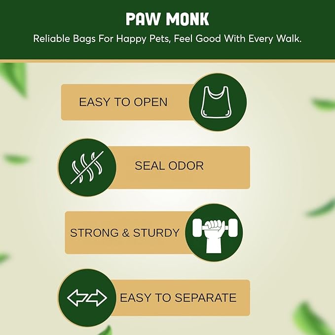 Paw Monk Heavy Duty Certified Home Compostable Dog Poop Bags Rolls – 20 Micron Extra Thick & Leakproof, Easy Open – 120 Count Unscented Plant Based Pet Waste Bags