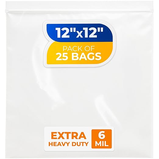 12" x 12" Large Zip Seal Lock Bags, 6 Mil (Pack of 25) – Heavy-Duty Reclosable Plastic Bags – Clear, Resealable, Waterproof – For Storing and Organizing Clothes, Jewelry, and Travel Items