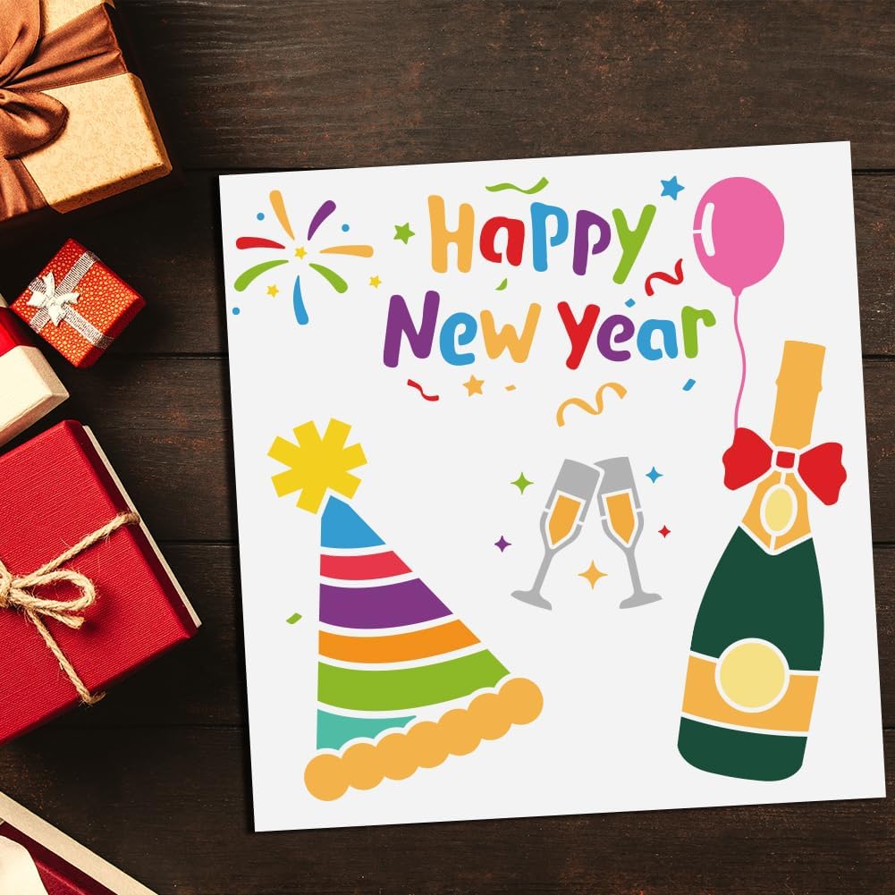 MAYJOYDIY 3pcs Happy New Year Fireworks Stencil Christmas Fireworks Templates 11.8×11.8inch with Paint Brush Reusable Party Theme Painting Stencils for Crafts and Home Decor