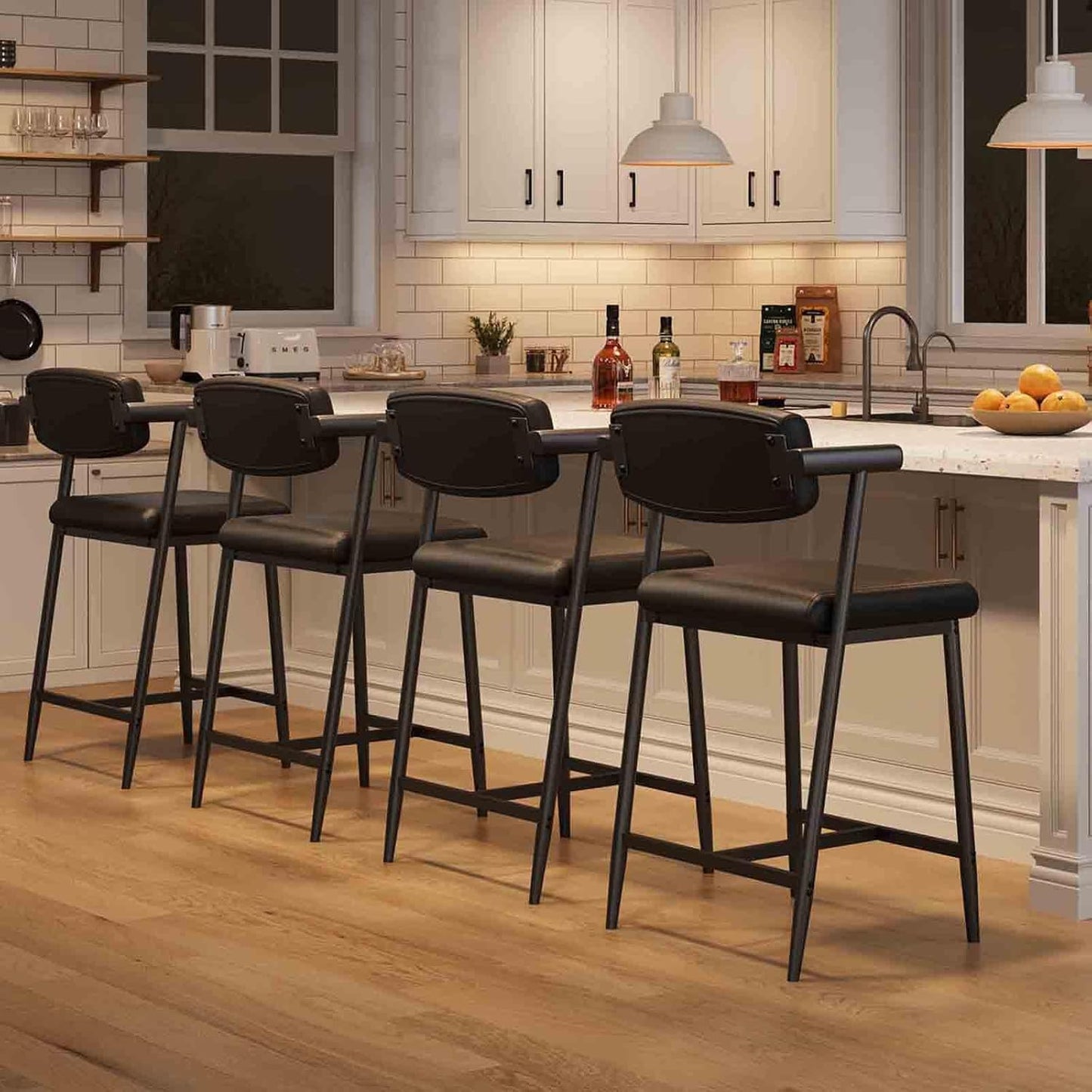 GarveeHome Counter Height Bar Stools of 4 with Armrests, 4 Piece Counter Height Bar Stools Set with Wood Back, Upholstered Seat & Metal Footrest for Kitchen Islands, Counter Bars, Retro Black