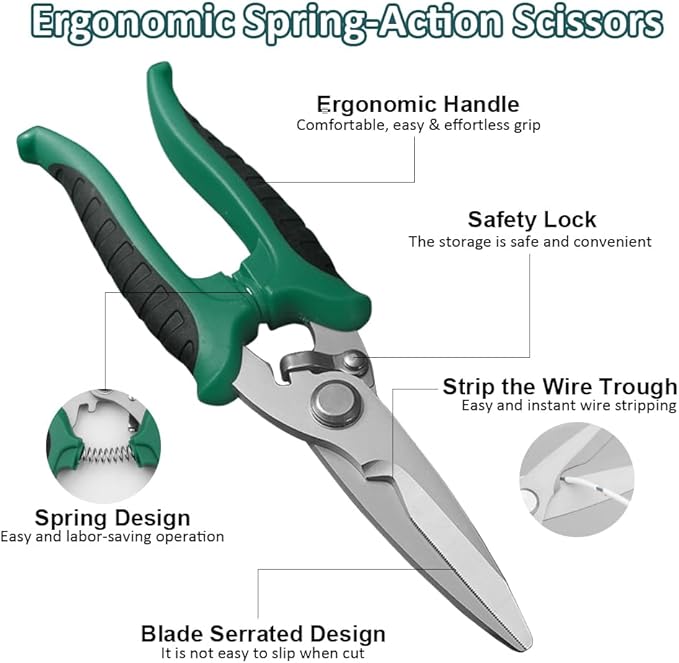Scissors Heavy Duty, Sharp Tin Snips for Sheet Metal, Industrial Scissors, Serrated Blade, Ergonomic Handle, Easy Cutting Electrical Cable Notch, Leather, Cardboard, Fabric (7.8-In Straight Blades)