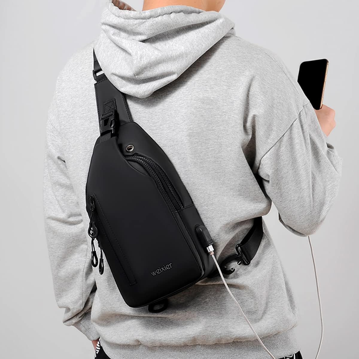 Waterproof Sling Bags Mens Shoulder Crossbody Backpack with USB Charging Port& Headphone,Outdoor Lightweight Bag