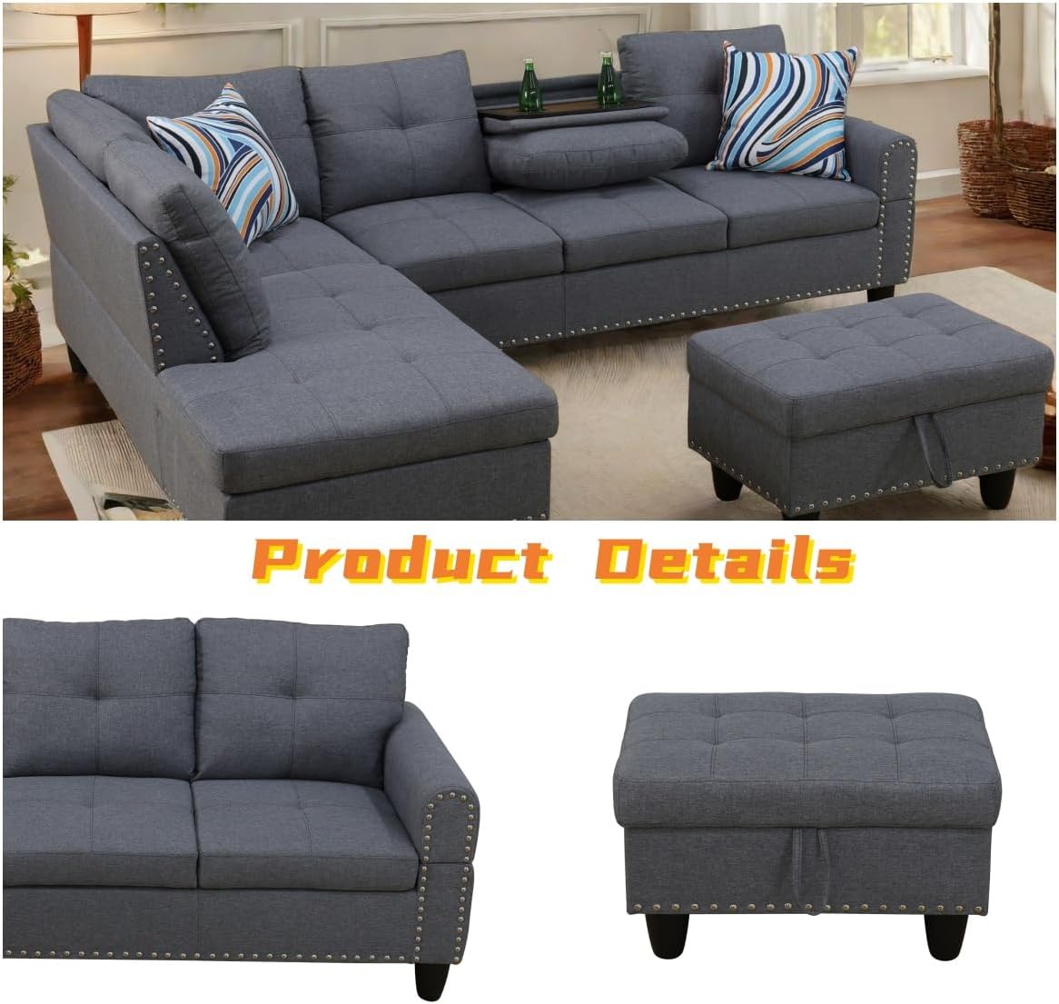 L Shaped Sectional Couch with Otttoman, 97" Leather Sectional Sofa for Living Room Modular Couches with Cup Holders for Bedroom, Apartments, Grey
