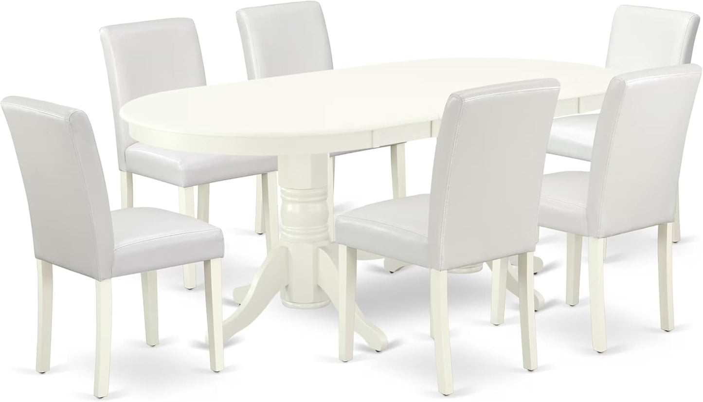 East West Furniture VAAB7-LWH-64 7 Piece Dinette Set Consist of an Oval Dining Room Table with Butterfly Leaf and 6 White Faux Leather Upholstered Chairs, 40x76 Inch, Linen White