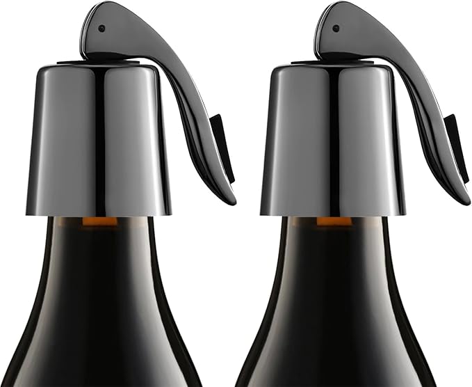 Pafusen Wine Stoppers Set of 2, Stainless Steel Wine Bottle Stopper with Silicone Seal, Reusable Wine Freshness Keep, Wine Saver Wine Bottle Sealer Stopper, Wine Accessories (Black)