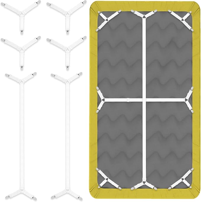 6pcs Bed Sheet Straps, Adjustable Non Slip White Elastic Triangle Bed Suspenders, Keep in Place Fitted Sheet Straps Holder for Mattress Covers, Sofa Cushion