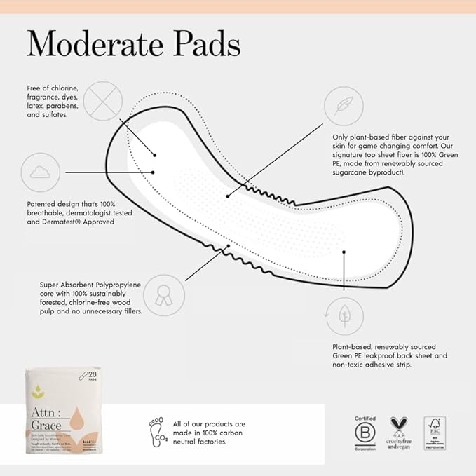 Attn: Grace Moderate Incontinence Pads for Women 2-Pack (56 Pads Total / 28 per Pack) - High Absorbency for Sensitive Skin - Protection for Heavy Bladder Leakage/Discreet, Breathable, & Plant-Based