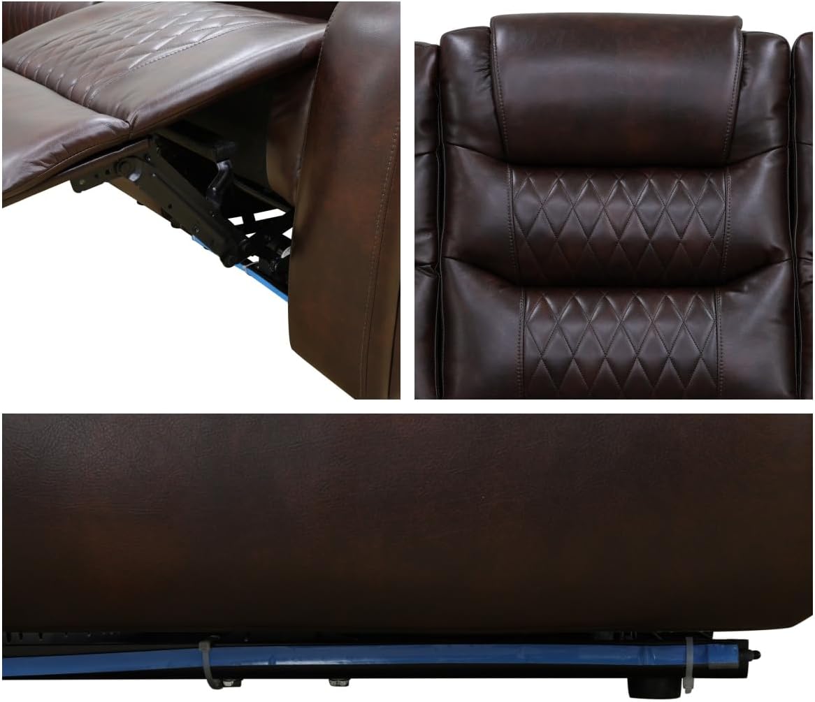Recliner Chair, Leather Recliner Home Theater Seating, Electric Reclining Chair with USB Ports and Cup Holders, Breathing Chair with Hidden Arm Storage, Dark Brown