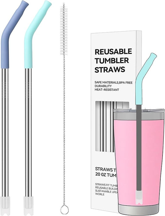 20 oz Straight Metal Straws with Silicone Tip for 20 oz Tumbler, 2 PACK Stainless Steel Reusable Drinking Metal Straw for YETI, STANLEY, US Acrylio, BJPKPK, Simple Modern and so on