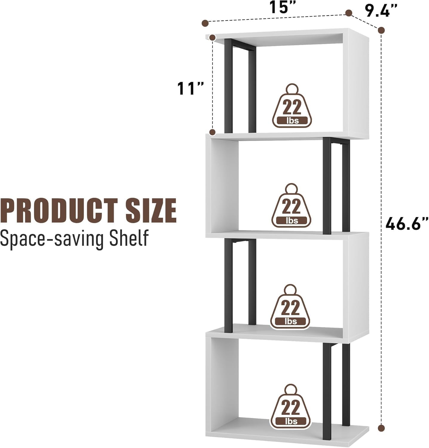 Gadroad 4-Tier Bookshelf, Narrow S-Shaped Geometric Bookcase, Wood Decorative Storage Shelving, Modern Freestanding Display Shelves, Book Shelf Unit for Living Room Bedroom Home Office, White