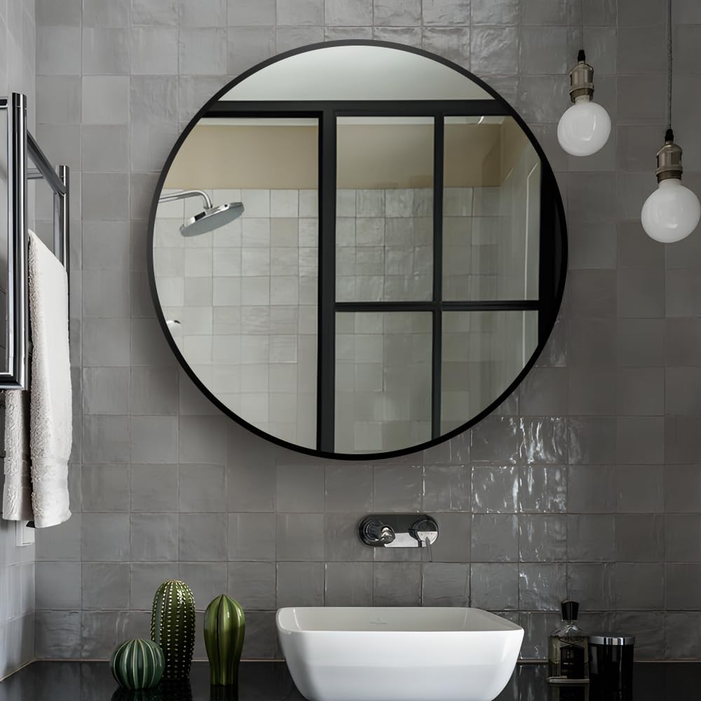 34inch Bathroom Round Mirror,Wall Mounted Vanity Mirror,Steel Frame,Black,Steel Frame