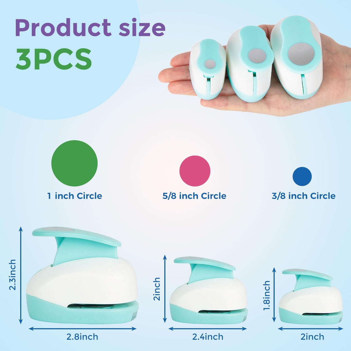 LOVEINUSA 3PCS Circle Hole Punch, Different Size（1+ 5/8 + 3/8 Inch） of Scrapbooking Paper Cutter Crafting, Designs for Office Junk Journal Supplies, Card Making, DIY Albums, Photos, Circle Cutter