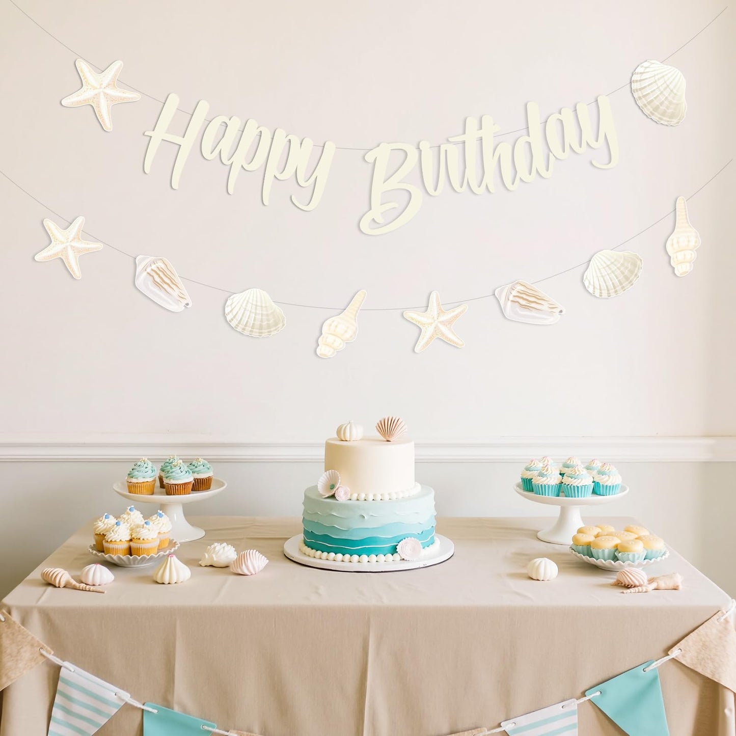 Kreatwow Sea Shell Happy Birthday Banner Beach Seashell Birthday Decorations Garland Beach Shell Party Decorations Ocean Themed Costal Seashell Starfish Party Under The Sea Mermaid Bday Decoration