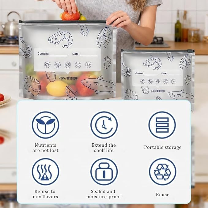 30PCS Reusable Aluminum Foil Storage Bags – Resealable Stand-Up Zip Lock Pouches with Labels, Durable Vacuum Sealable Bags for Vegetables, Fruit, Meat & Snacks (3 Sizes)