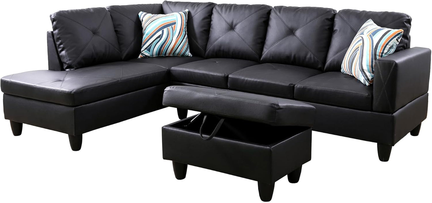 L Shaped Sectional Couch with Otttoman, 97" Leather Sectional Sofa for Living Room Modular Couches with Cup Holders for Bedroom, Apartments, Black