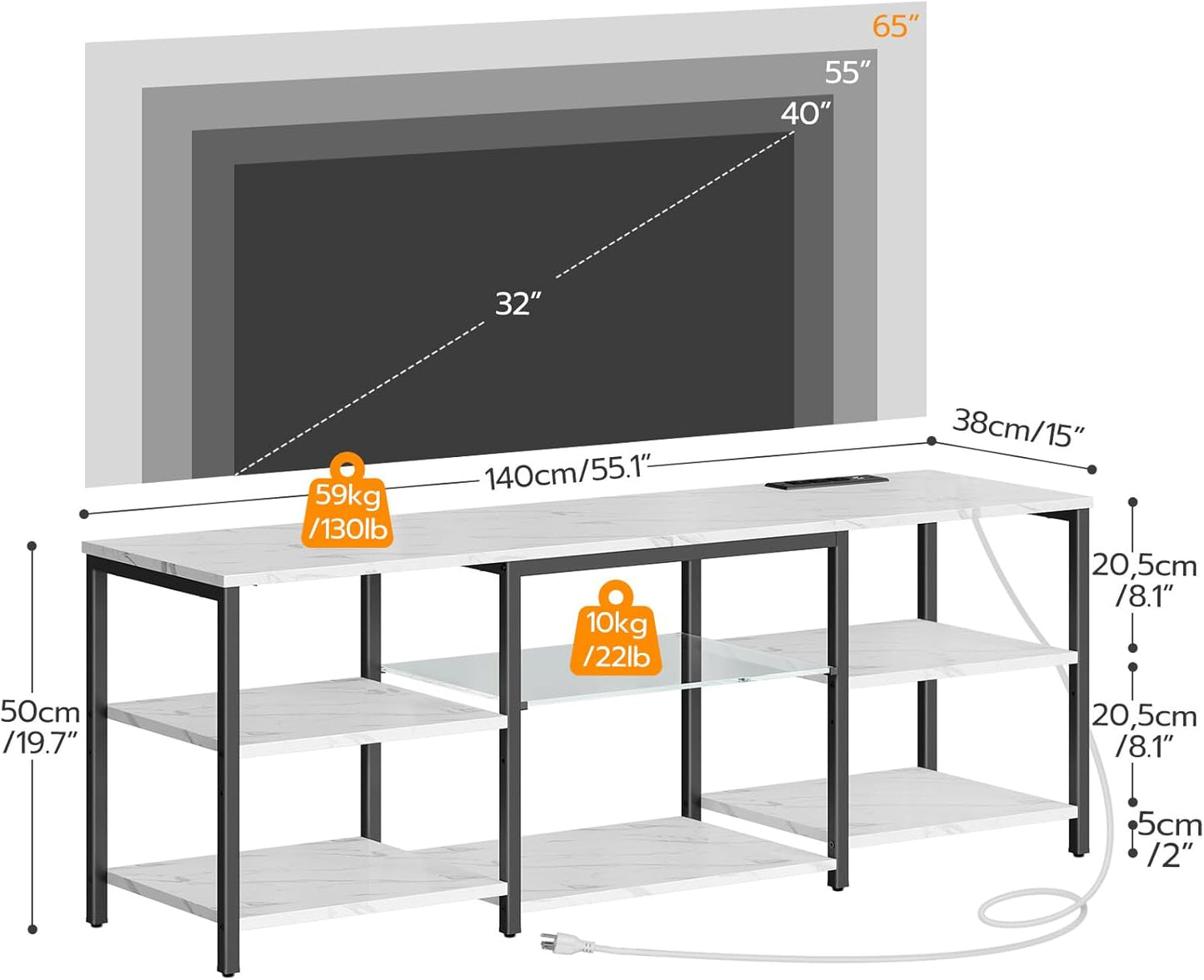 HOOBRO LED TV Stand for 65 Inch TVs with Charging Station, Gaming Entertainment Center with 3-Tier Open Storage, Long Media TV Console Table, TV Stand for Living Room, Bedroom, Marble White BM20UDDS01