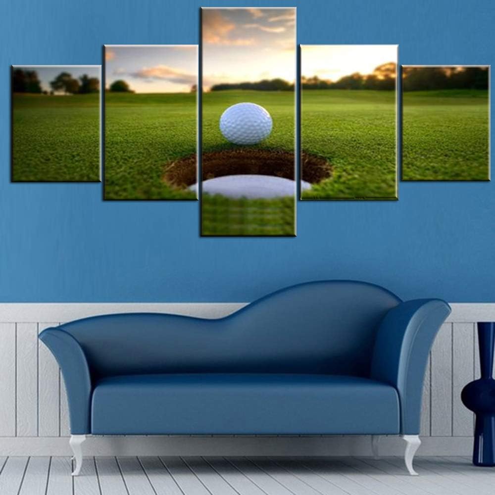 Golfing Wall Pictures for Living Room Golf Ball Hole Paintings Sunset Artwork 5 Piece Green Canvas Wall Art HD Prints Giclee Modern House Decor Wooden Framed Gallery-Wrapped Ready to Hang(50''Wx24''H)
