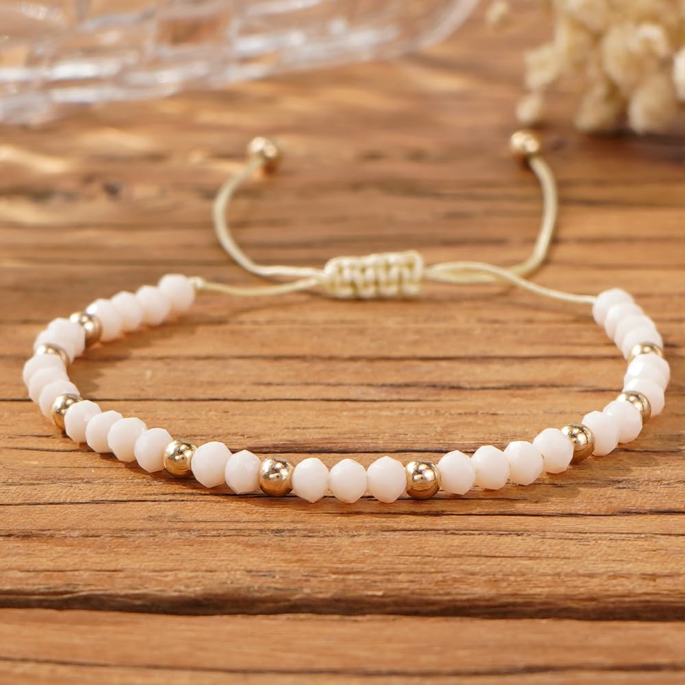 Opalencian Gold Plated Beaded Drawstring Adjustable Bracelet for Women, White Beads Bracelets Charm Couple Handmade Fashion Jewelry Gift