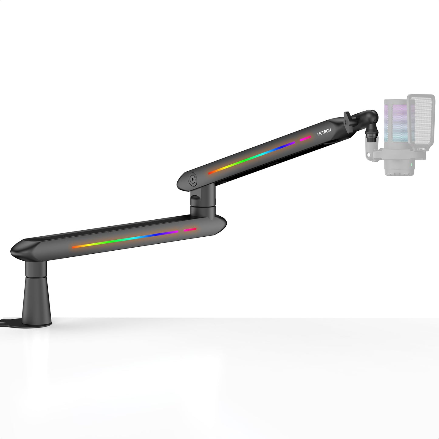 IXTECH RGB Low Profile Boom Arm for Mic, Adjustable Microphone Arm Stand with Desk Mount Clamp, Rotatable Microphone Boom Arm Mi