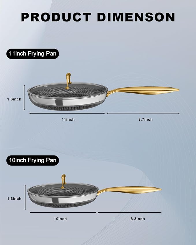 FogDream 2 Pcs Non Stick Frying Pans with 2 Lids, 10 & 11 Inch Stainless Steel Skillets, Tri-Ply Stainless Steel for All Cooktops, Dishwasher & Oven-Safe Cooking Pan, Stay-Cool Handle, Gold