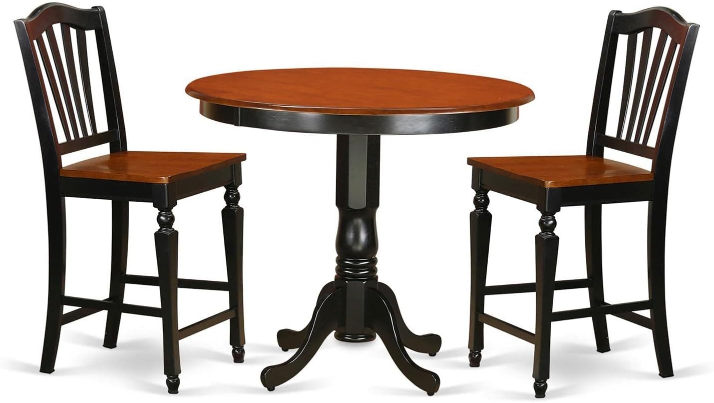 East West Furniture TRCH3-BLK-W 3 Piece Counter Height Dining Table Set Contains a Round Wooden Table and 2 Kitchen Dining Chairs, 42x42 Inch, Black & Cherry