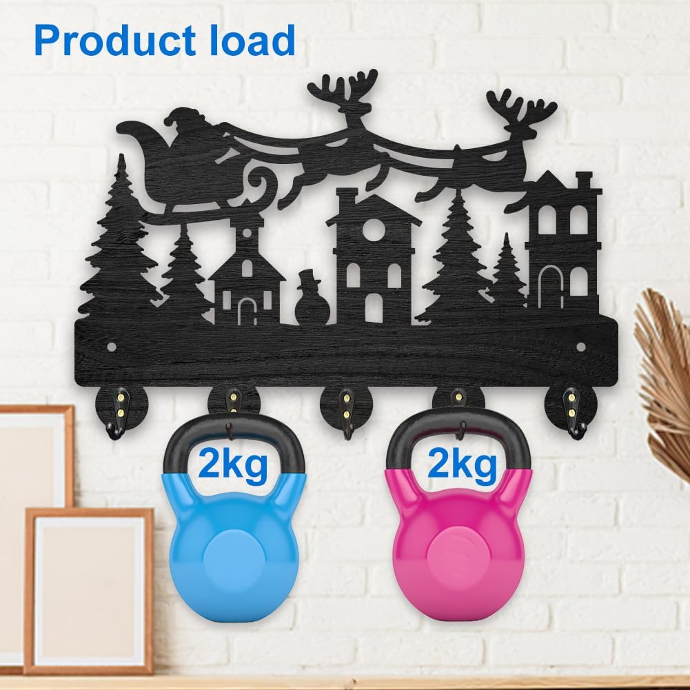 MAYJOYDIY Christmas Sleigh Key Hook Forest Elk Santa Claus Key Hangers for Wall 11.8×7.9inch 5 Alloy Hooks Decorative Gifts Entryway Kitchen Bathroom Storage
