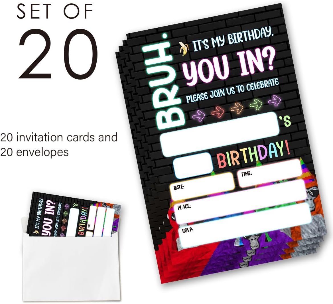 Birthday Invitations for Boys Teens Supplies with Envelopes Set of 20 Bruh Birthday Party Invitations Fill in Blank, Double Sided