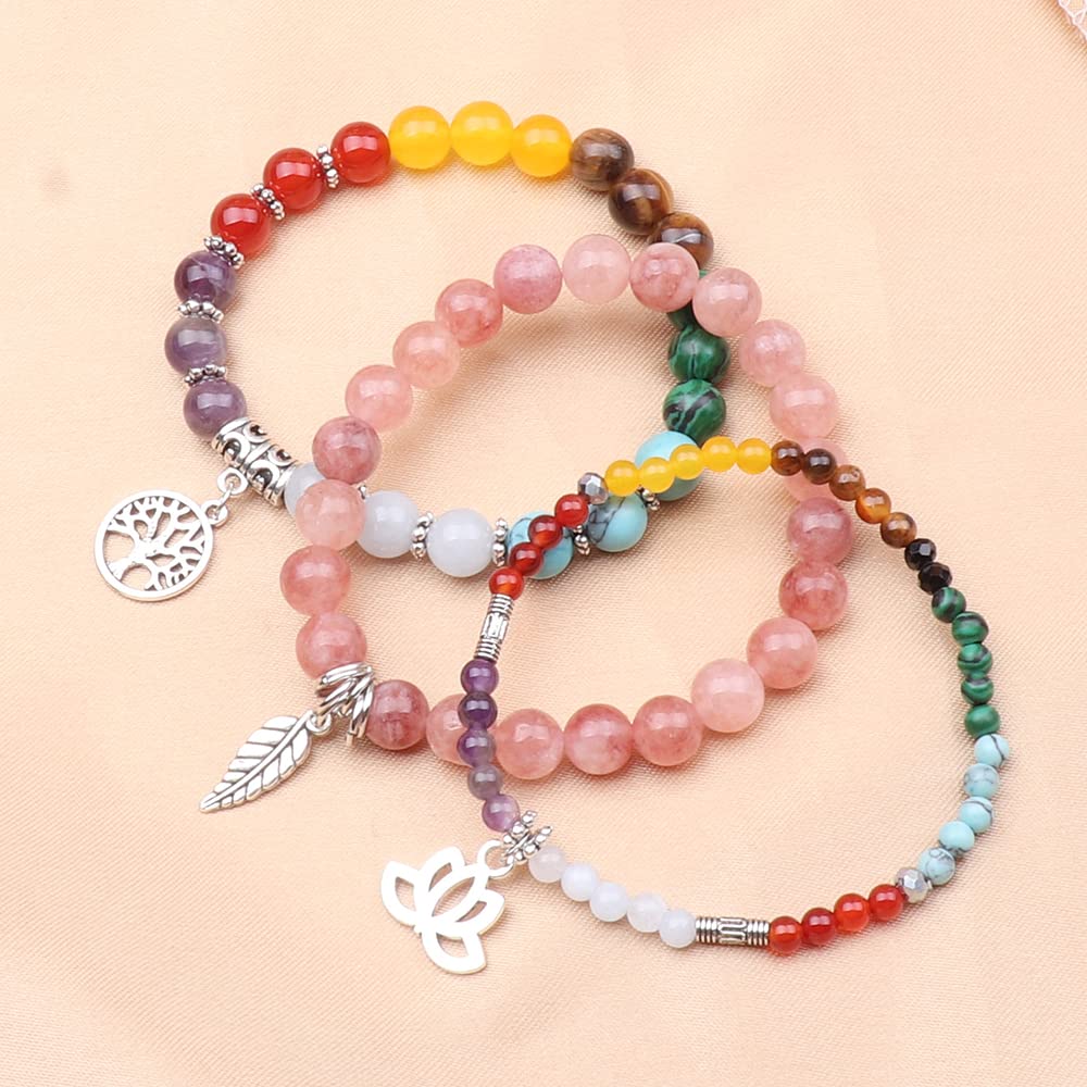 UEUC Natural Gemstone Chakra Bracelets for Women, Multilayer Tree of Life Lotus Crystal Healing Stone Bracelet Sets, Yoga Meditation Reiki Relax Bracelets for Stress Relief(#123)