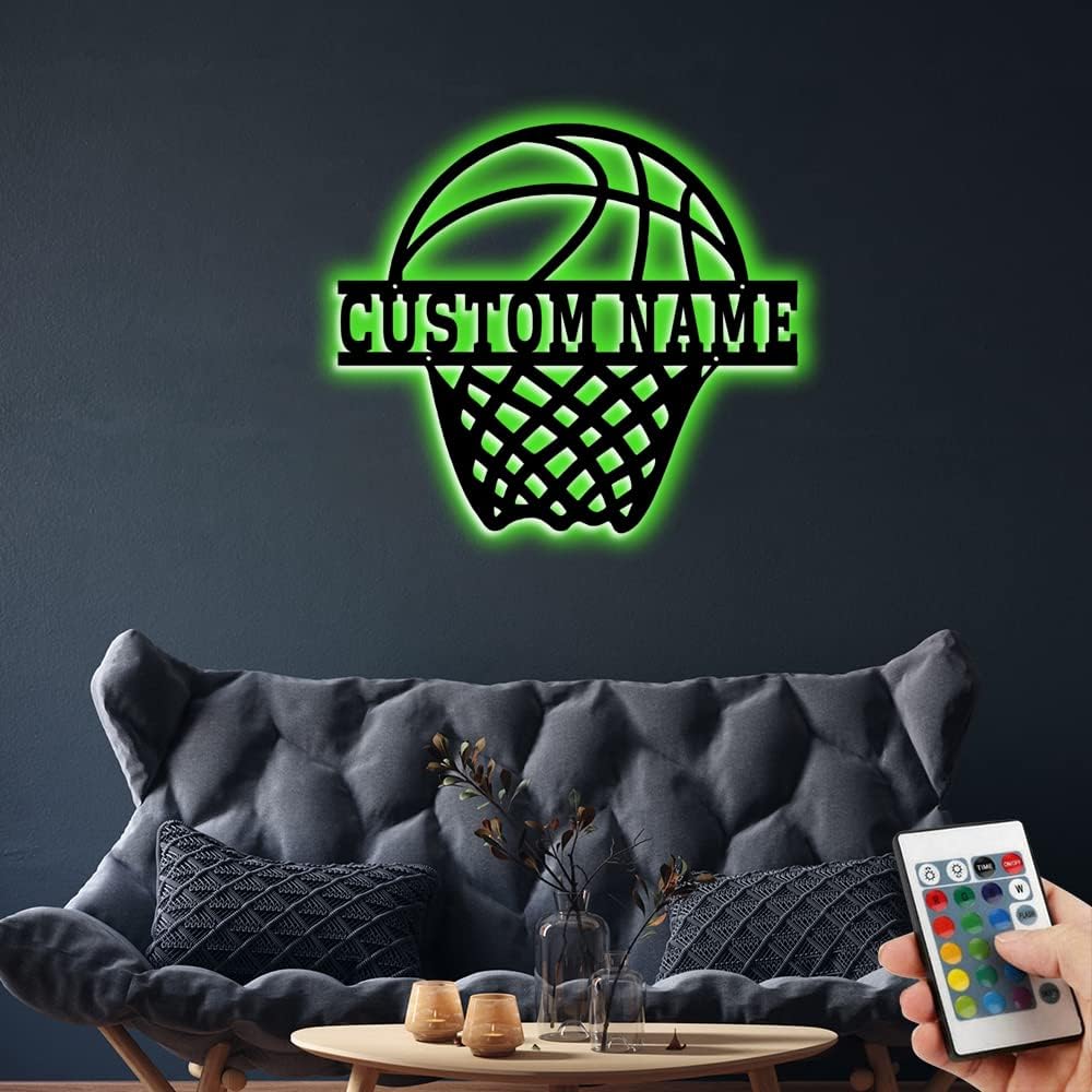 Personalized Name 7 Colors Football lamp Custom Wall Art Night Light LED Name Sign Gift for Boys Men Girls (B-Basketball)
