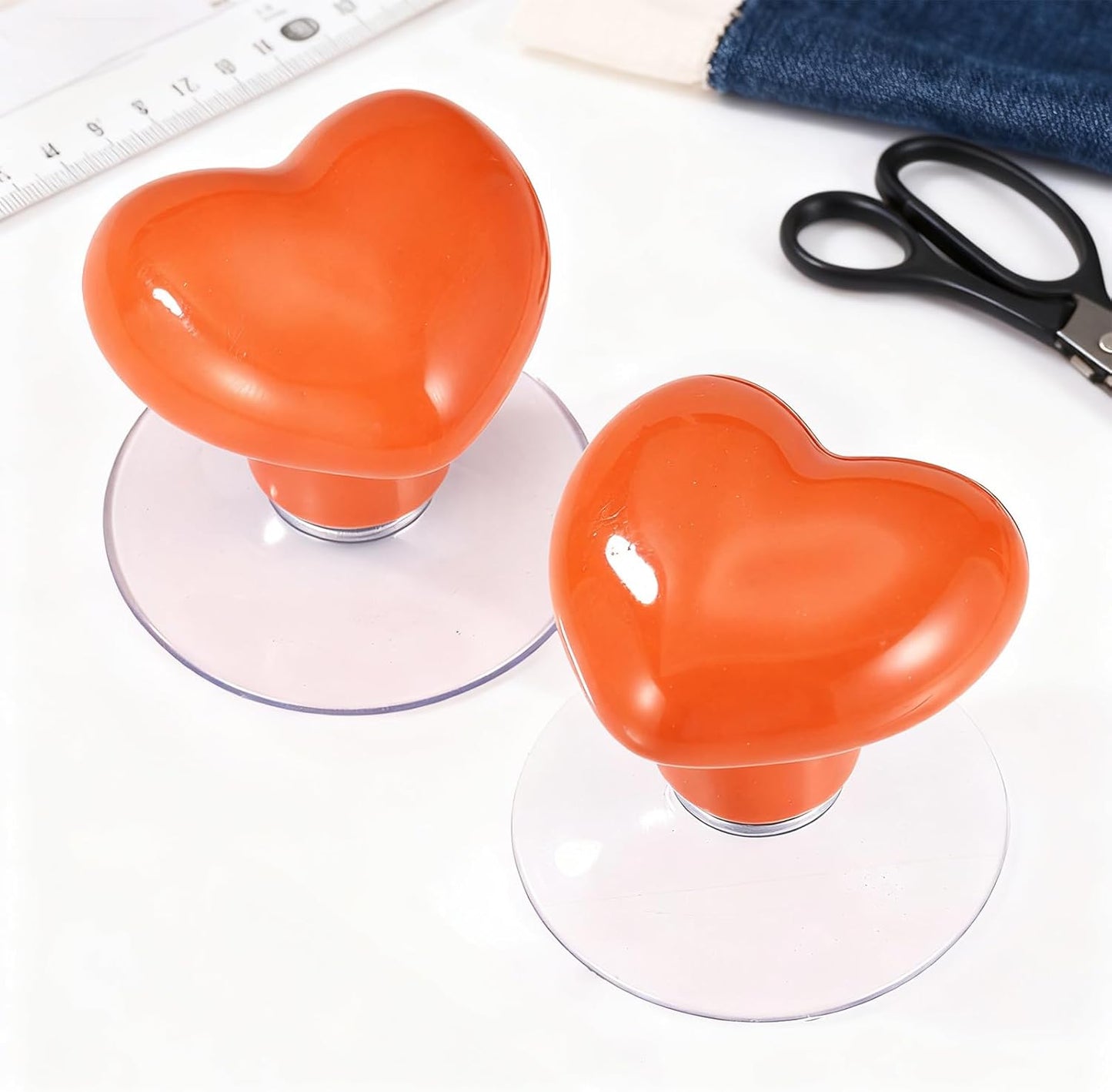 Sinbana 2 Pcs Ruler Suction Cup Knob Grips, Orange Heart Shape Quilting Ruler Grip Handle Small Suction Cup Knob for Quilting Sewing Drafting Rulers and Templates
