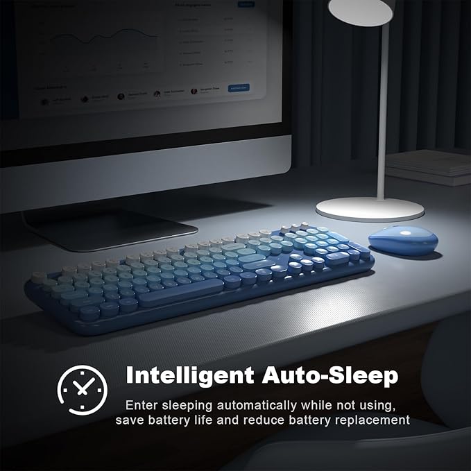 Wireless Keyboard Mouse Combo, Typewriter Full Size Keyboard with Number Pad and 2 in 1 USB Connected Mouse for Windows 7/8/10, Laptop, Desktop, PC, Computer (Blue Colorful)