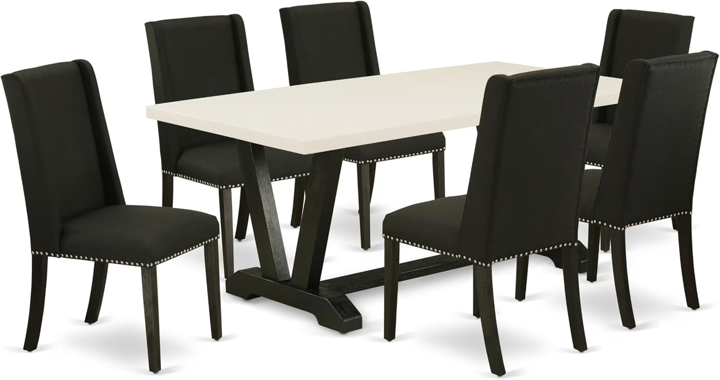 East West Furniture V627FL624-7 7 Piece Modern Dining Table Set Consist of a Rectangle Wooden Table with V-Legs and 6 Black Linen Fabric Parson Dining Chairs, 40x72 Inch, Multi-Color
