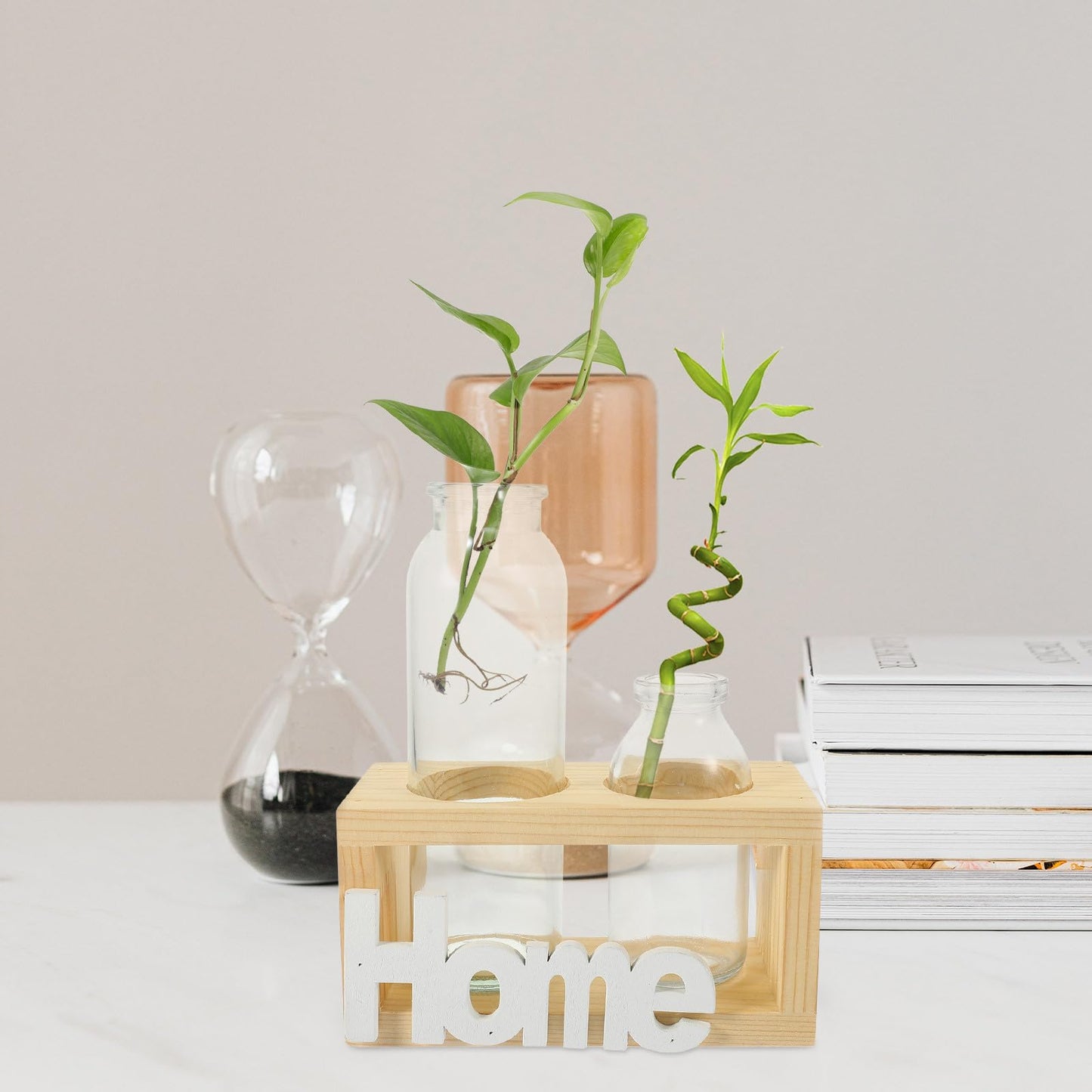 FESTFENDS Glass Terrarium Plant Vase with Wooden Stand, Hydroponic Propagation Station for Indoor Plants, Nordic Style Desktop Flower Vase Home Décor Set with 2 Glass Containers and Natural