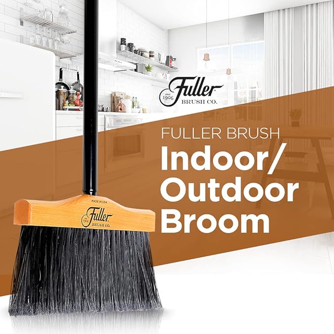 Fuller Brush 12-Inch Maple Wood Broom with 2 Piece Black Steel Threaded Handle for Indoor and Outdoor Cleaning on Hard Floors, Tile, Concrete, and Garage Surfaces