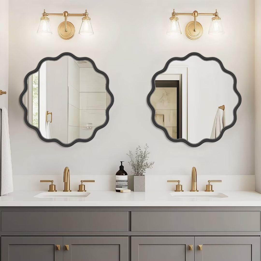 PROHOMEWARE Black Round Mirror 20 Inch Wavy Bathroom Vanity Mirror Black Frame Modern Wall Mirror Decorative Wall-Mounte Anti-Rust, Tempered Glass