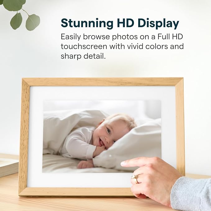 Skylight Digital Picture Frame 2 – 10" Full HD Wi-Fi Touch Screen, 16GB Digital Photo Frame, Load Photos & Videos Directly from Phone, Anti-Glare – Personalized Gifting, Rubber Wood Birch Brown