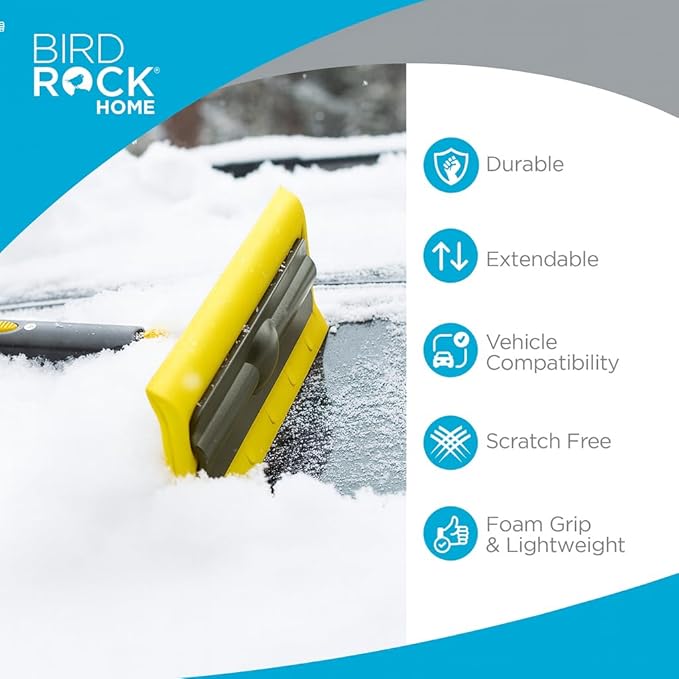 BIRDROCK HOME 55" Extendable Snow Brush with 14" Foam Head & Detachable Scraper | Aluminum Grip for Car, Truck, SUV | Safe on Auto Windshield & Windows | Wide Frost Remover - Yellow