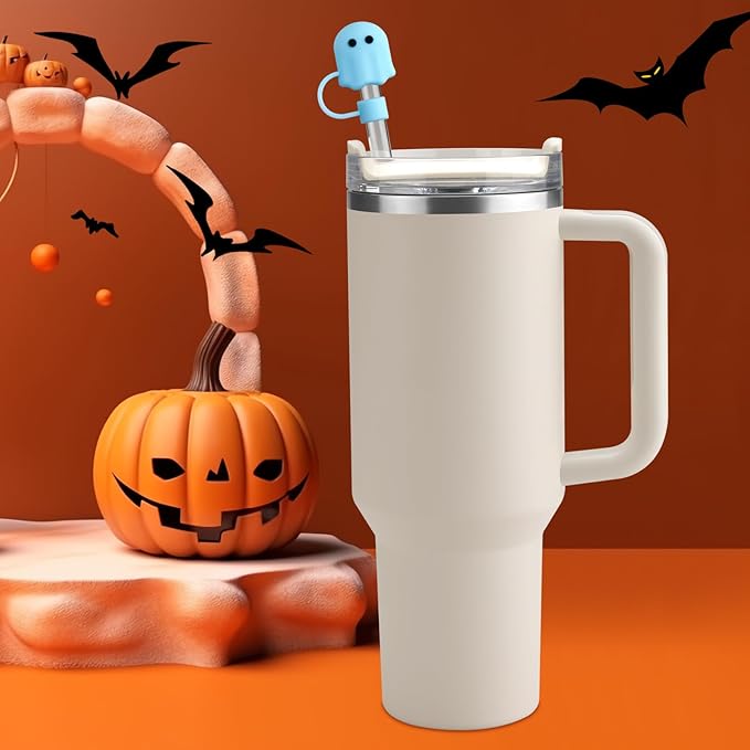 Halloween Silicone Straw Covers Cap for Stanley Cup, Cute Straw Topper for Stanley 30&40 Oz Tumbler, Reusable Dust-Proof Drinking Straw Cover, Set of 4 (Halloween Ghost)