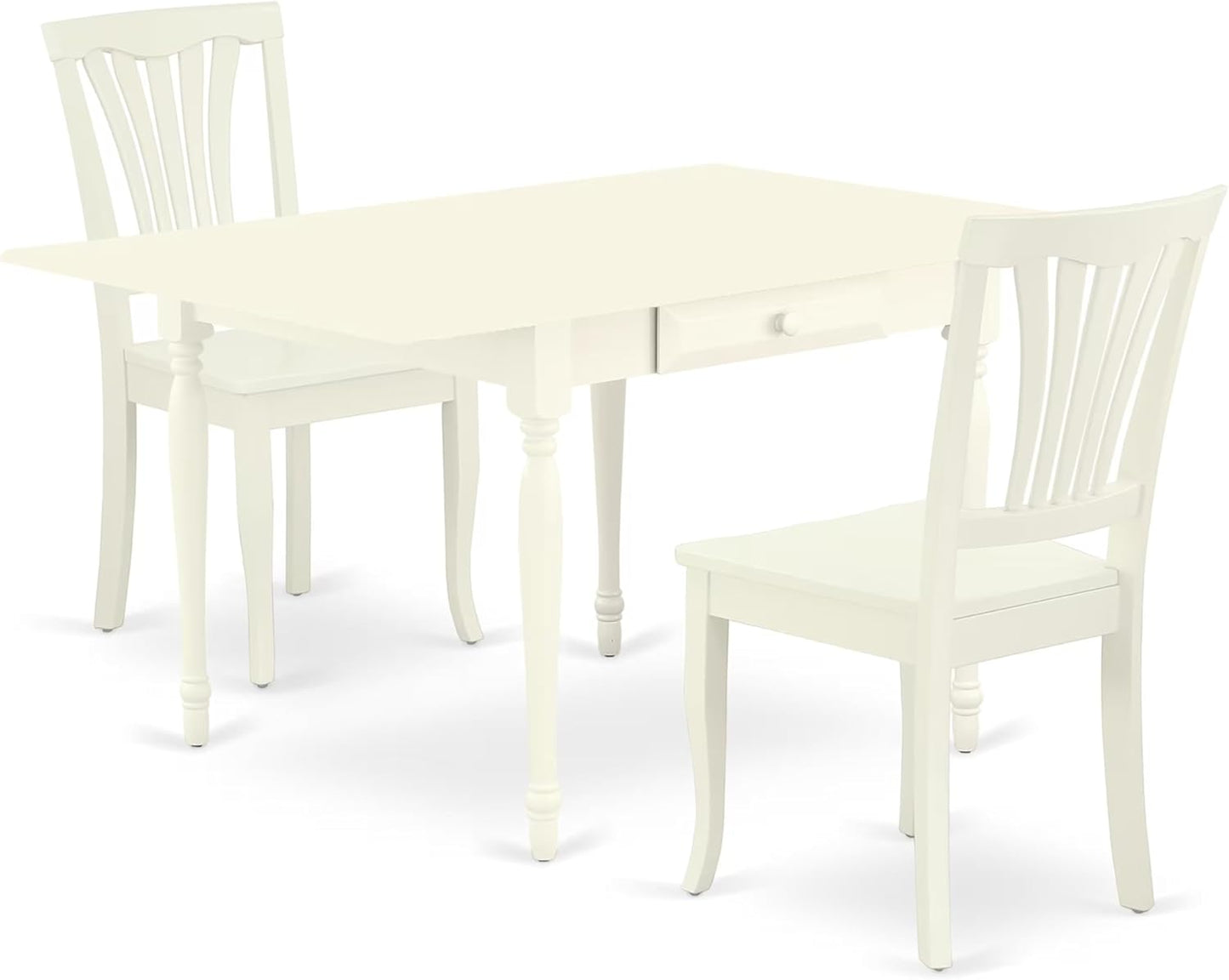 East West Furniture MZAV3-LWH-W 3 Piece Dinette Set for Small Spaces Contains a Rectangle Dining Table with Dropleaf and 2 Dining Chairs, 36x54 Inch, Linen White