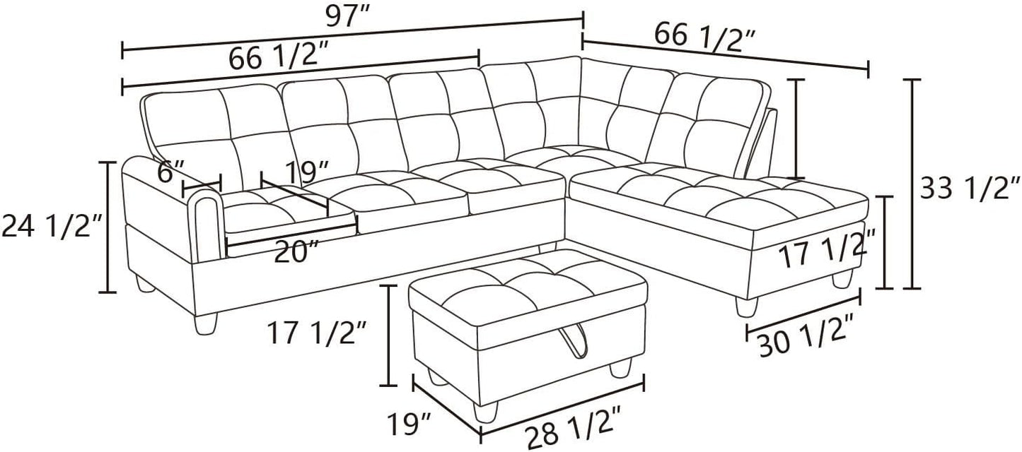 L Shaped Sectional Couches, Leather Modular Sectional Sofa with Ottoman Storage, Modern Lounge Sofa with Chaise for Living Room, Bedroom, Small Spaces, Gray