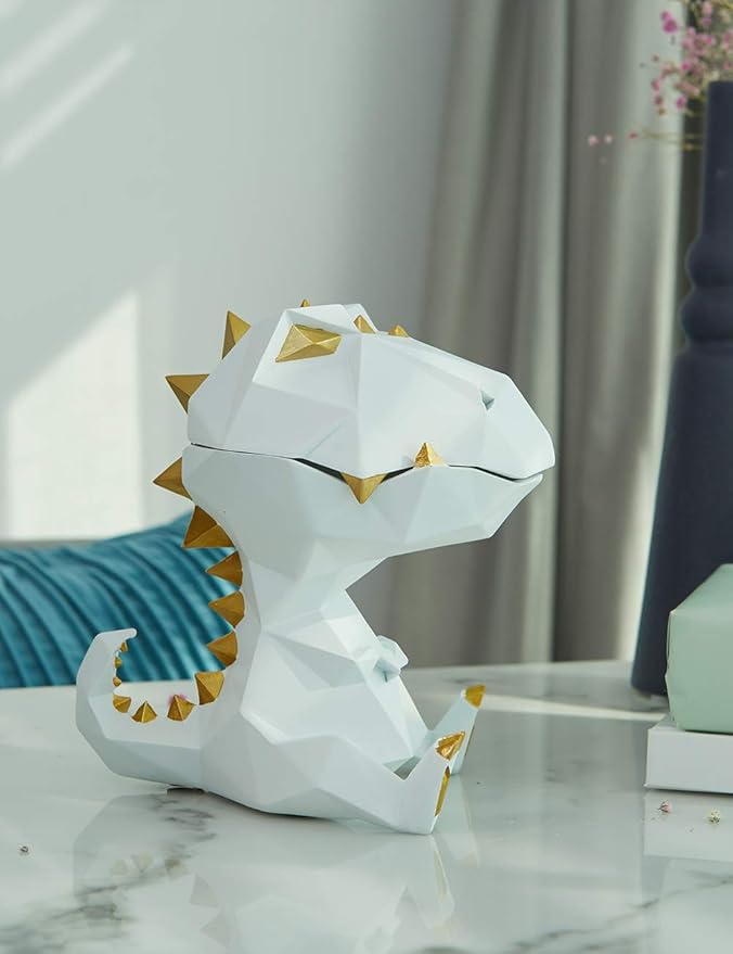 HAUCOZE Dinosaur Statue Candy Dish Key Bowl Dino Gifts Sculpture Modern Home Decor Accessories Pop Arts Polyresin Cookie Jar White 7.5 inch